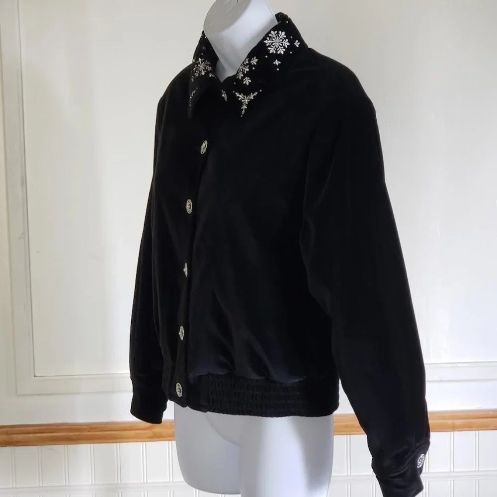 SOLD ST.JOHN SPORT Womens Bomber Jacket XS Black Velvet Embroidered Snowflake - Picture 3 of 12